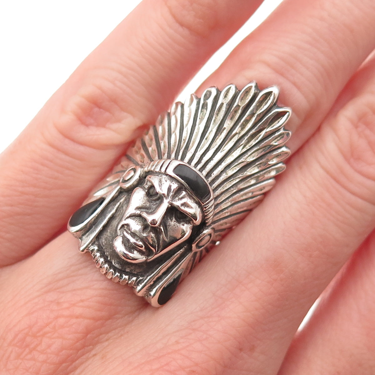 Ted Ott 925 Sterling Silver Vintage Real Black Onyx Indian Chief Ring Size 5.75