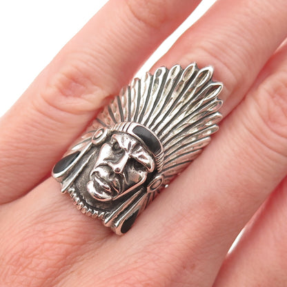 Ted Ott 925 Sterling Silver Vintage Real Black Onyx Indian Chief Ring Size 5.75