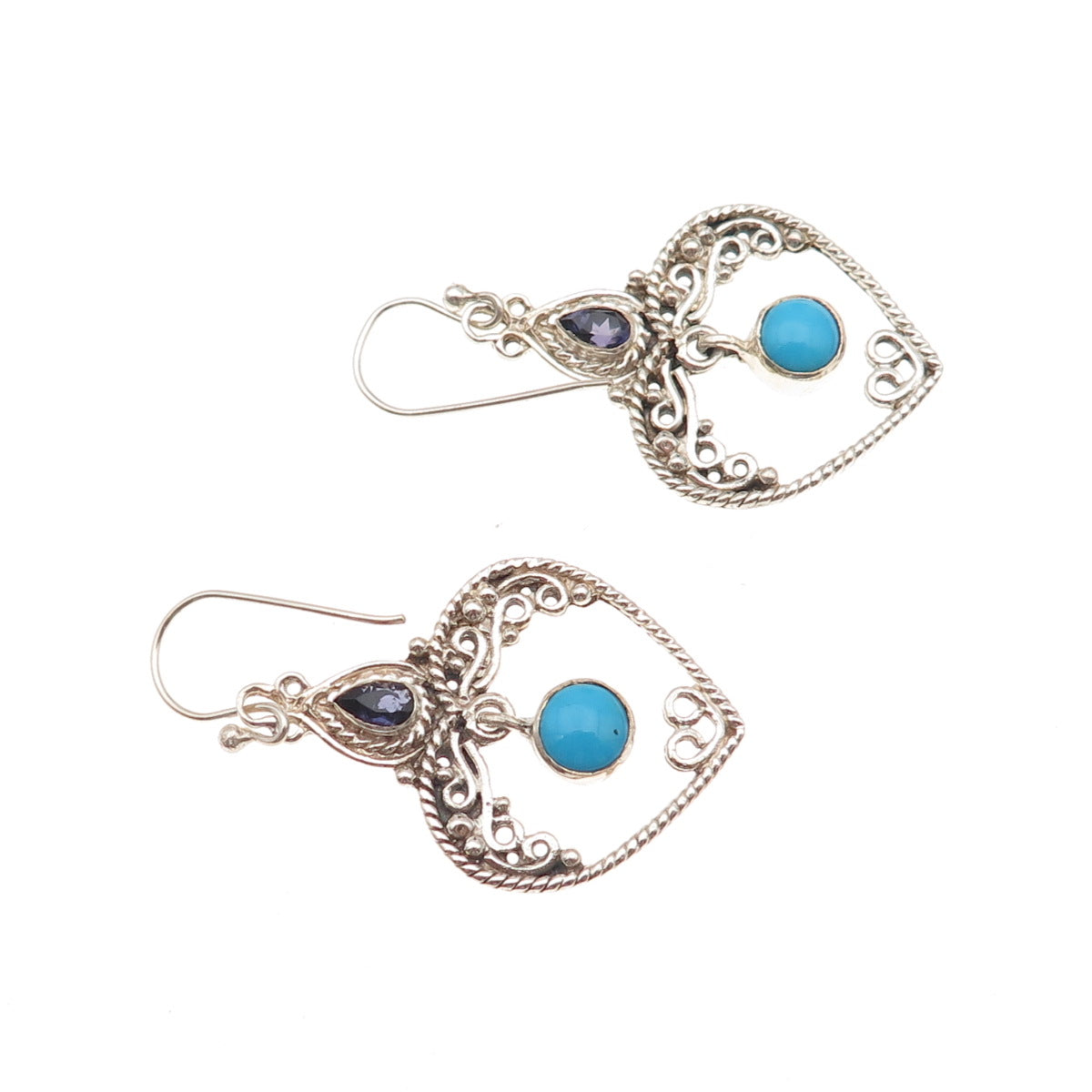 925 Sterling Silver Vintage Real Turquoise Iolite Heart Oxidized Dangle Earrings