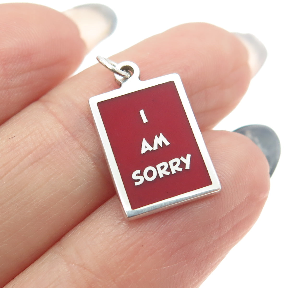 925 Sterling Silver Red Enamel "I Am Sorry" Minimalist Charm Pendant