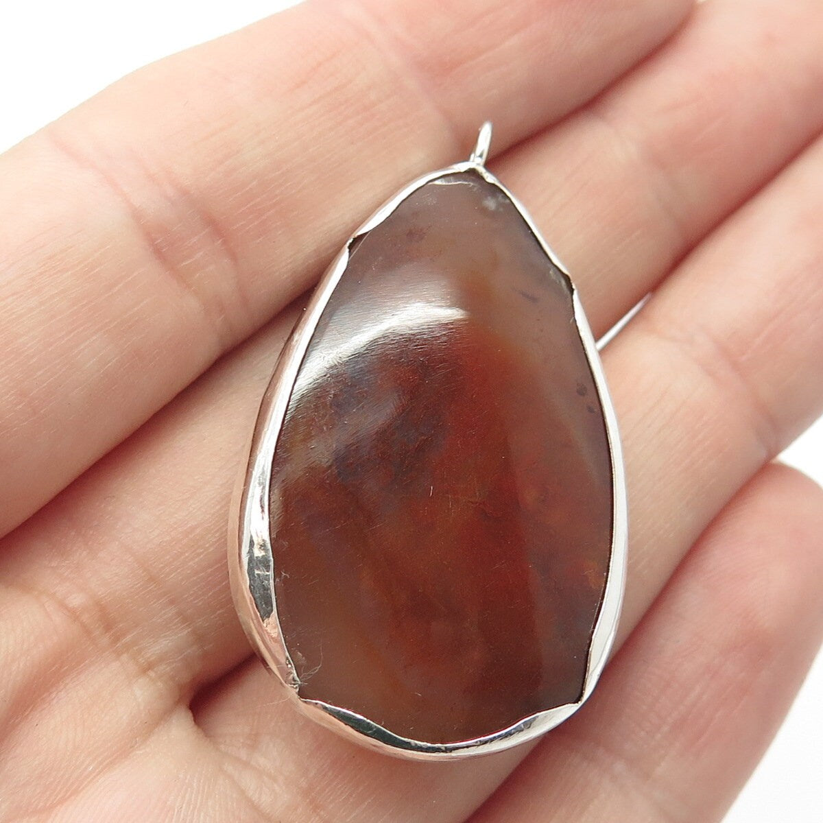 925 Sterling Silver Vintage Real Large Red Agate Gemstone Pendant