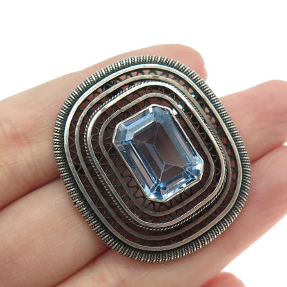 925 Sterling Silver Antique Art Deco Real Blue Topaz Gem Oxidized Pin Brooch