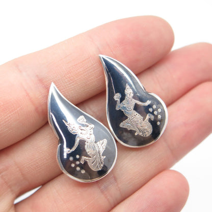 925 Sterling Silver Vintage Siam Niello Hindu Goddess Clip On Earrings