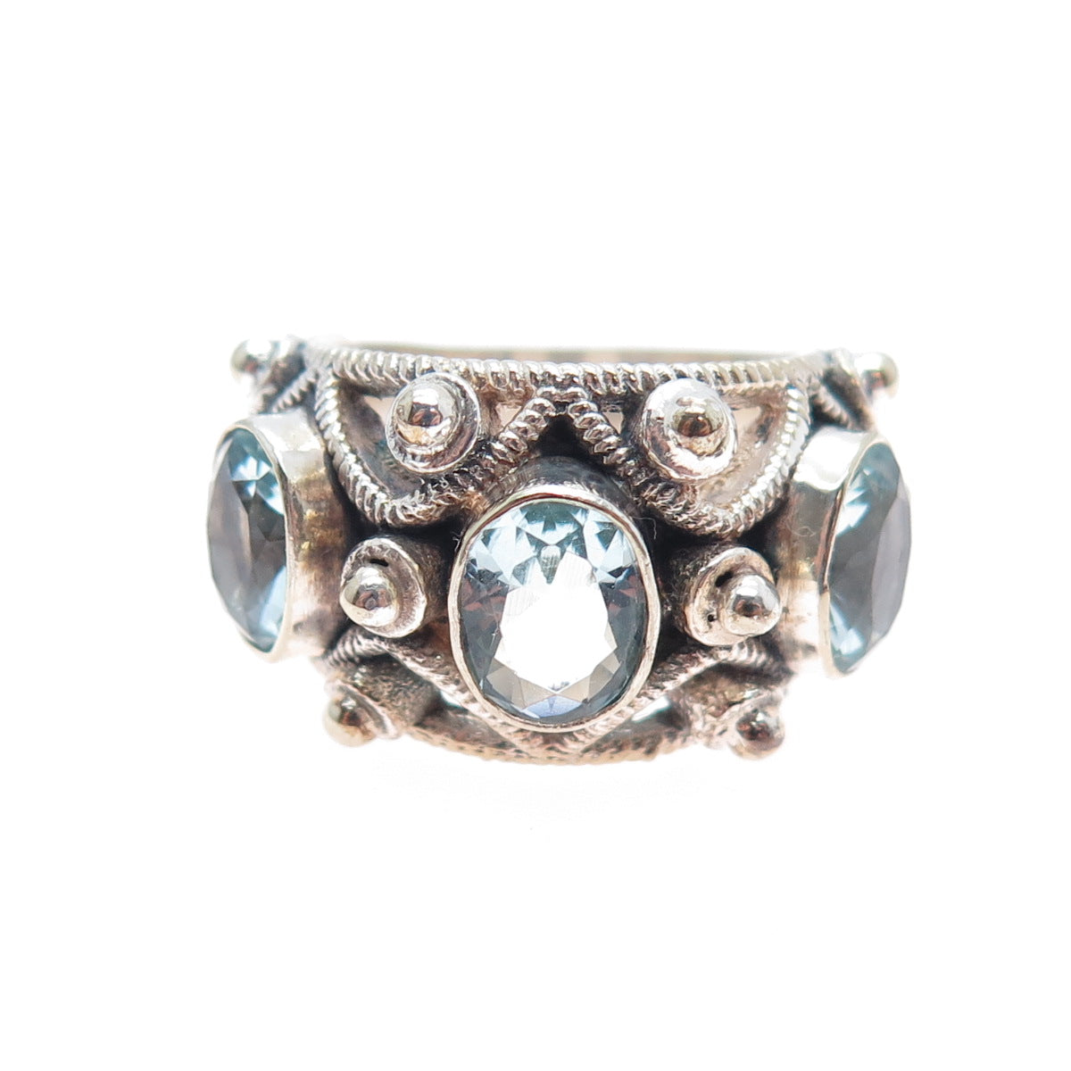 925 Sterling Silver Vintage Real Blue Topaz Modernist Oxidized Ring Size 6.5