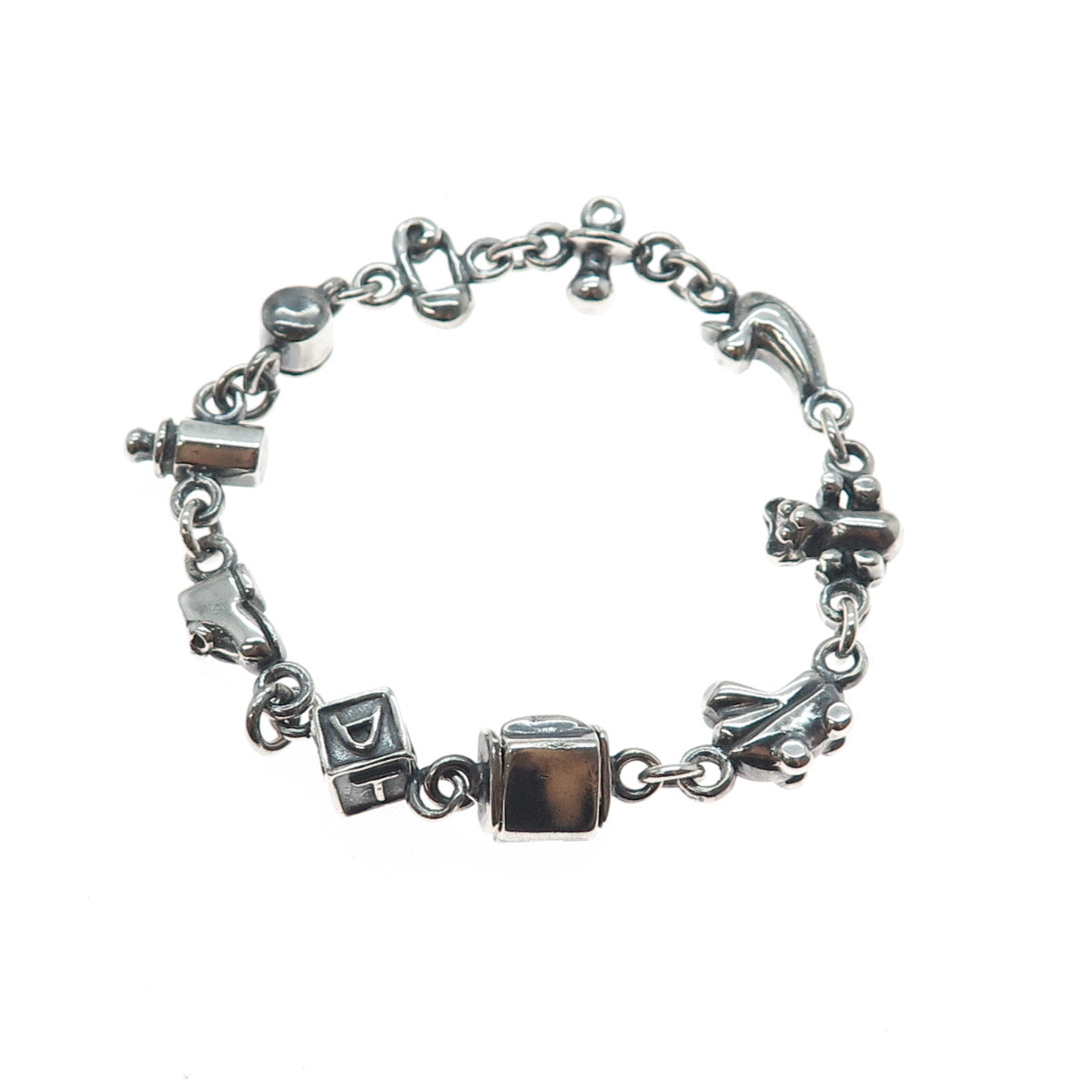 925 Sterling Silver Vintage Baby Charms Oxidized Link Bracelet 6.75"