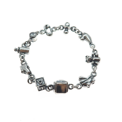 925 Sterling Silver Vintage Baby Charms Oxidized Link Bracelet 6.75"