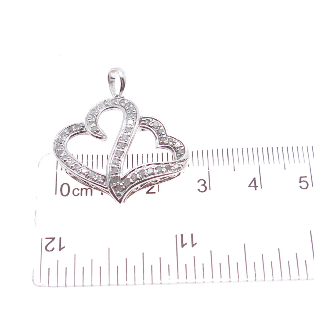 925 Sterling Silver Real Round-Cut Diamond Couple Heart Charm Pendant