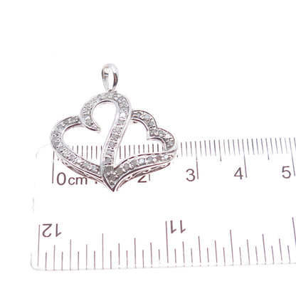 925 Sterling Silver Real Round-Cut Diamond Couple Heart Charm Pendant