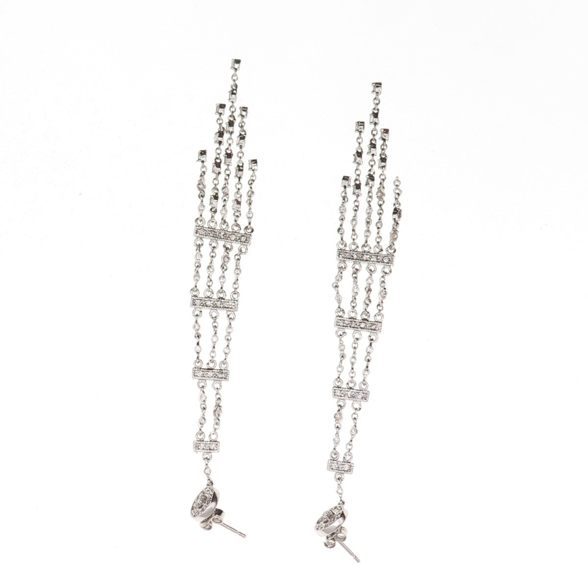 925 Sterling Silver Round-Cut C Z Long Dangle Earrings