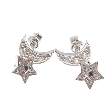 925 Sterling Silver Round-Cut C Z Crescent Moon & Star Interchangeable Earrings