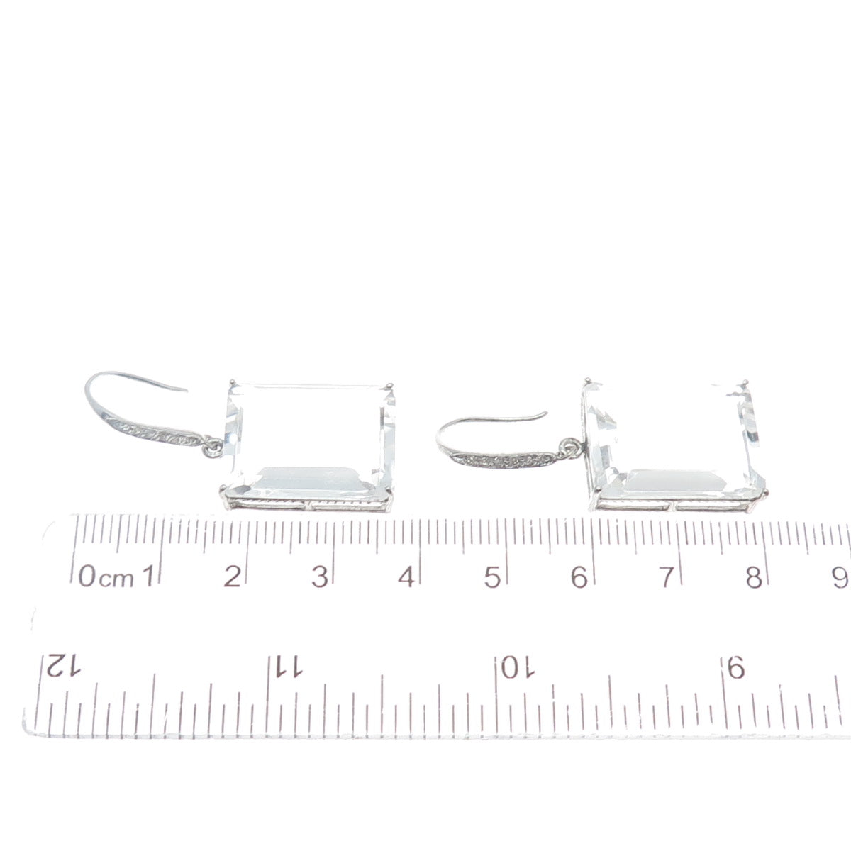 925 Sterling Silver Real Diamond & Emerald-Cut White Topaz Dangle Earrings