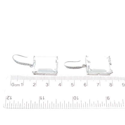 925 Sterling Silver Real Diamond & Emerald-Cut White Topaz Dangle Earrings