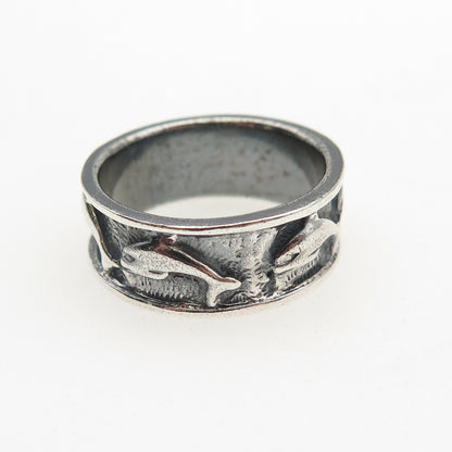925 Sterling Silver Vintage Dolphin Oxidized Band Ring Size 8.25