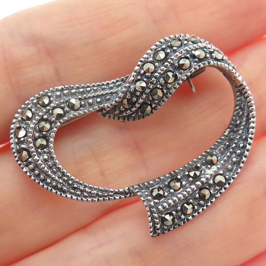 925 Sterling Silver Vintage Real Marcasite Ribbon Heart Oxidized Pin Brooch