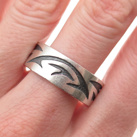 925 Sterling Silver Vintage Mexico Tribal Wave Oxidized Band Ring Size 13