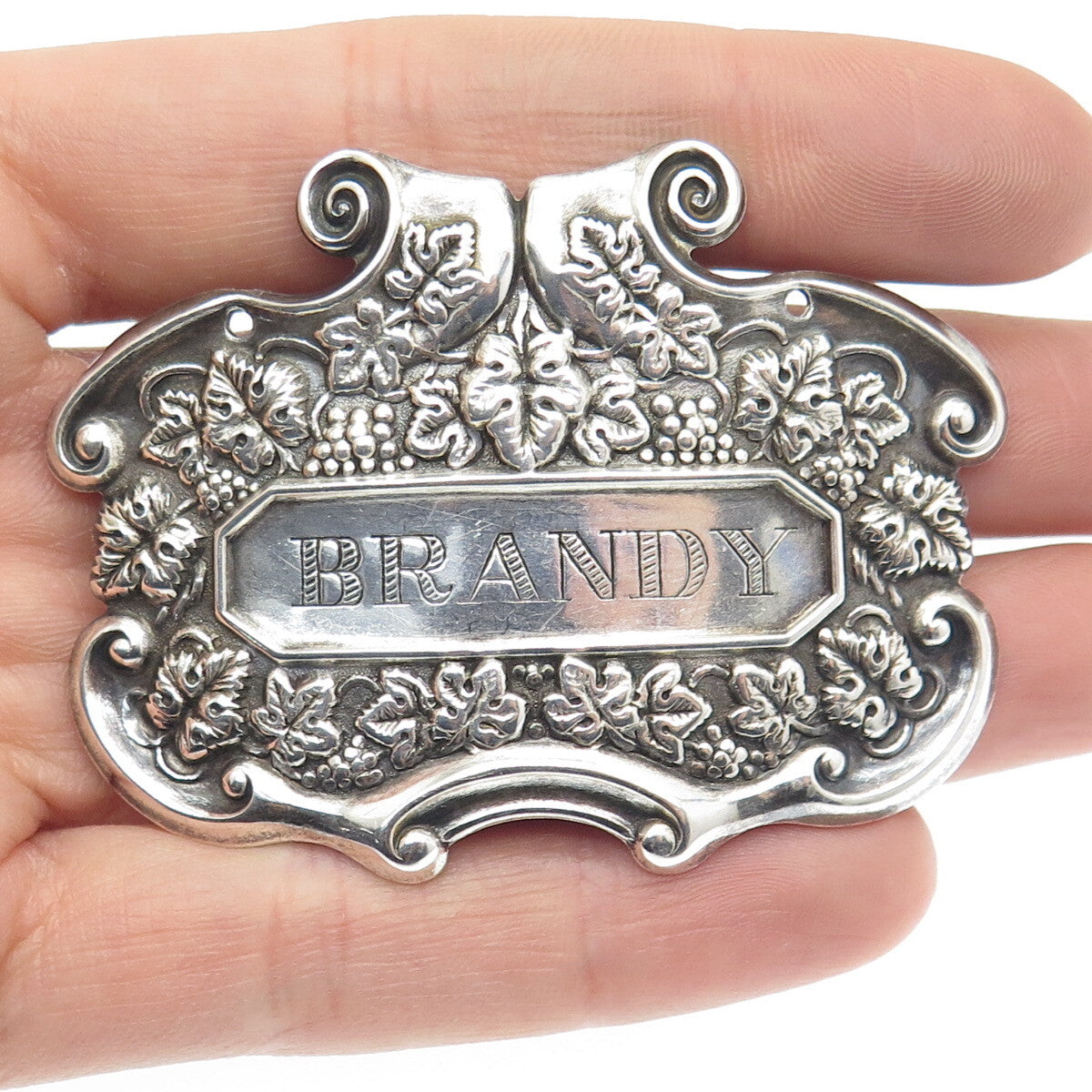 925 Sterling Silver Antique Art Deco "Brandy" Repousse Bottle Tag Plate #351