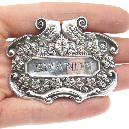 925 Sterling Silver Antique Art Deco "Brandy" Repousse Bottle Tag Plate #351