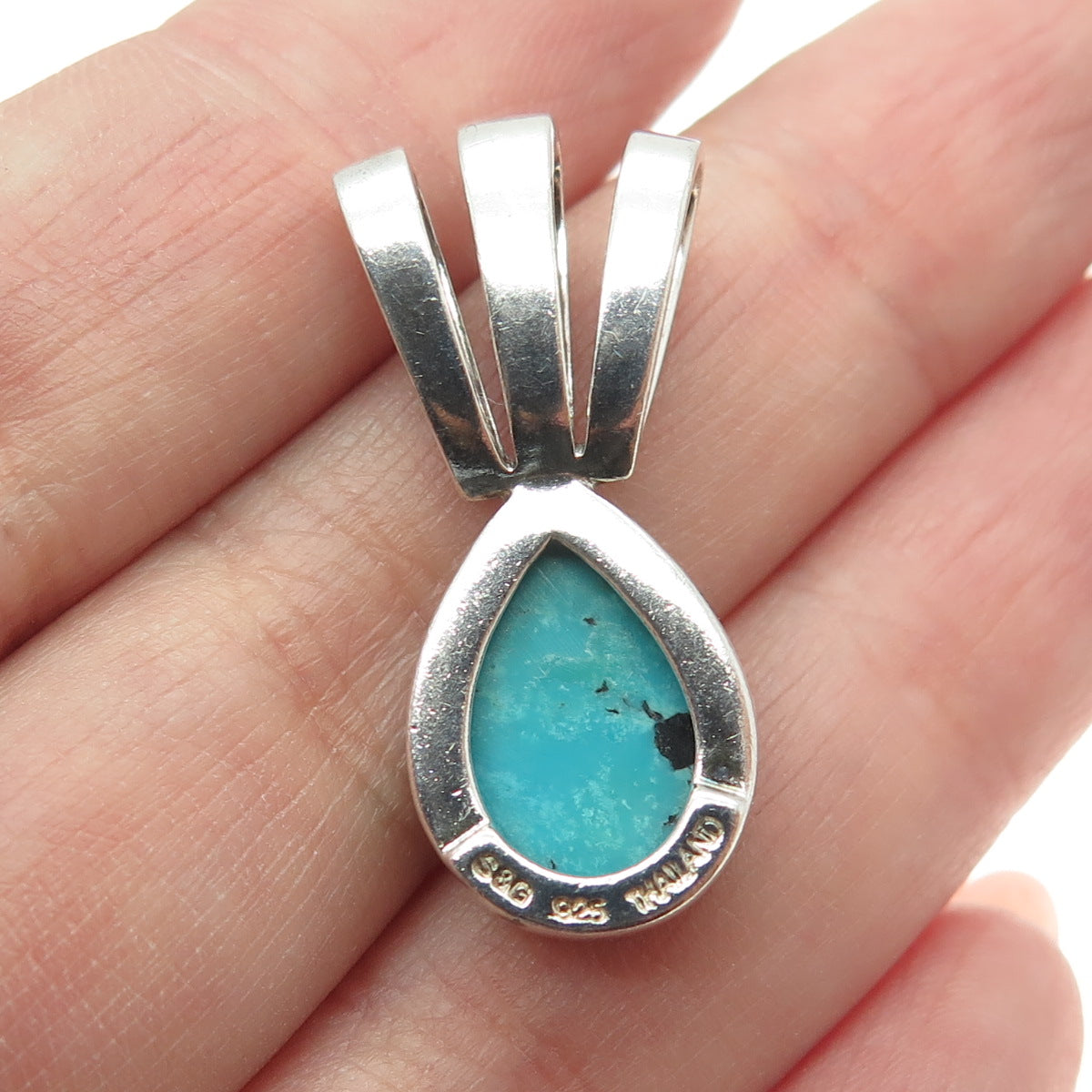 925 Sterling Silver Vintage S&G Real Pear-Cut Turquoise Modernist Pendant