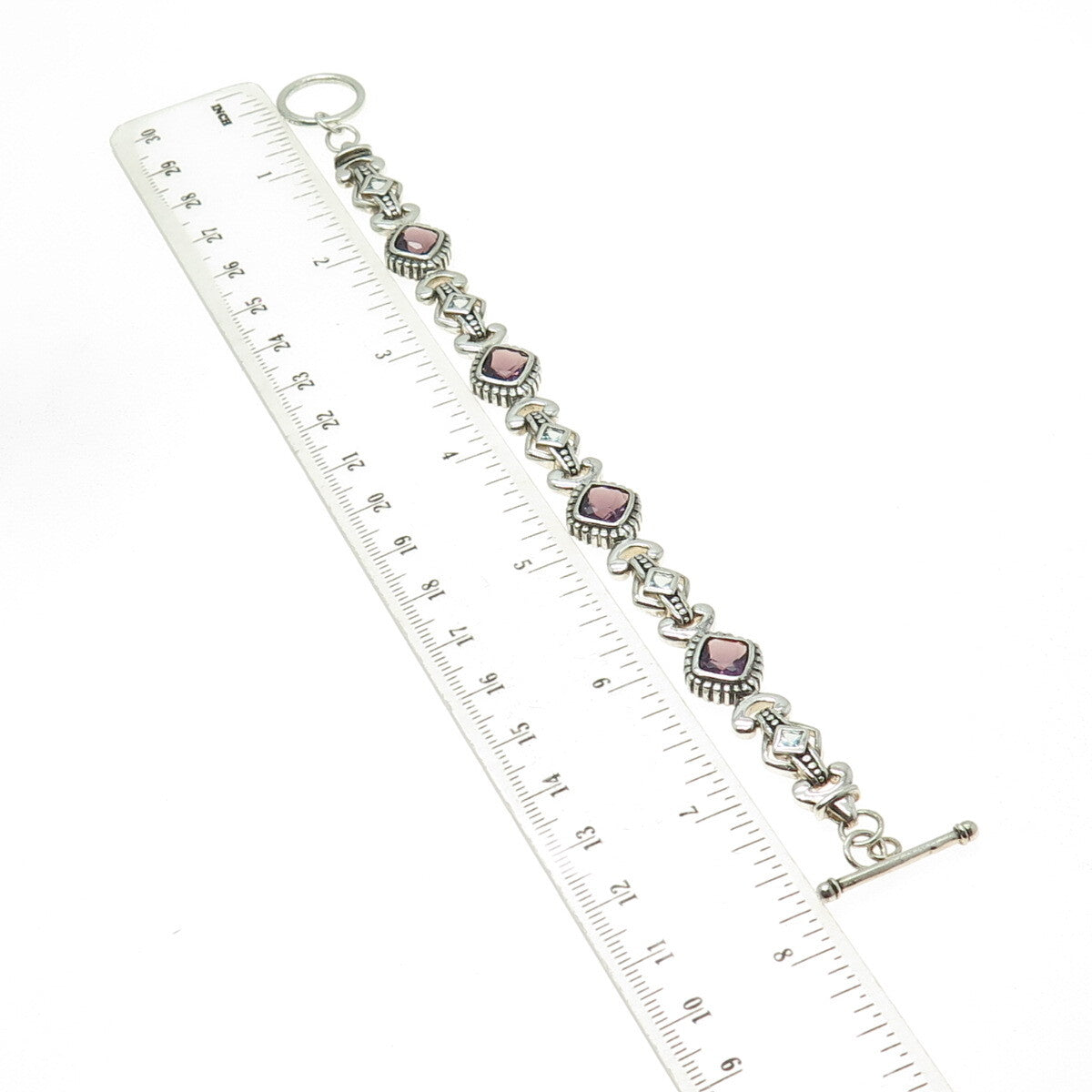 925 Sterling Silver Real Cushion-Cut Amethyst & Aquamarine Bracelet 7.25"