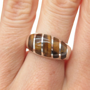 925 Sterling Silver Vintage Mexico Real Tiger Eye Modernist Ring Size 7