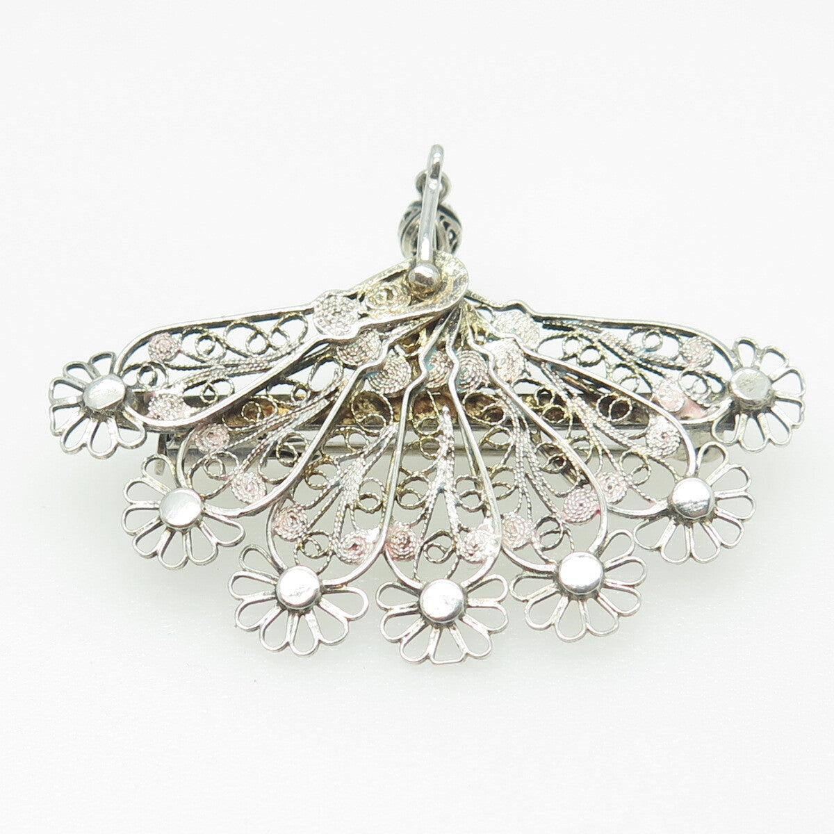 800 Silver Antique Art Deco Italy Filigree Floral Fan Pin Brooch