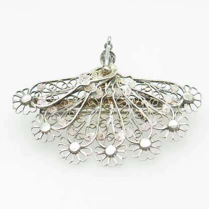 800 Silver Antique Art Deco Italy Filigree Floral Fan Pin Brooch