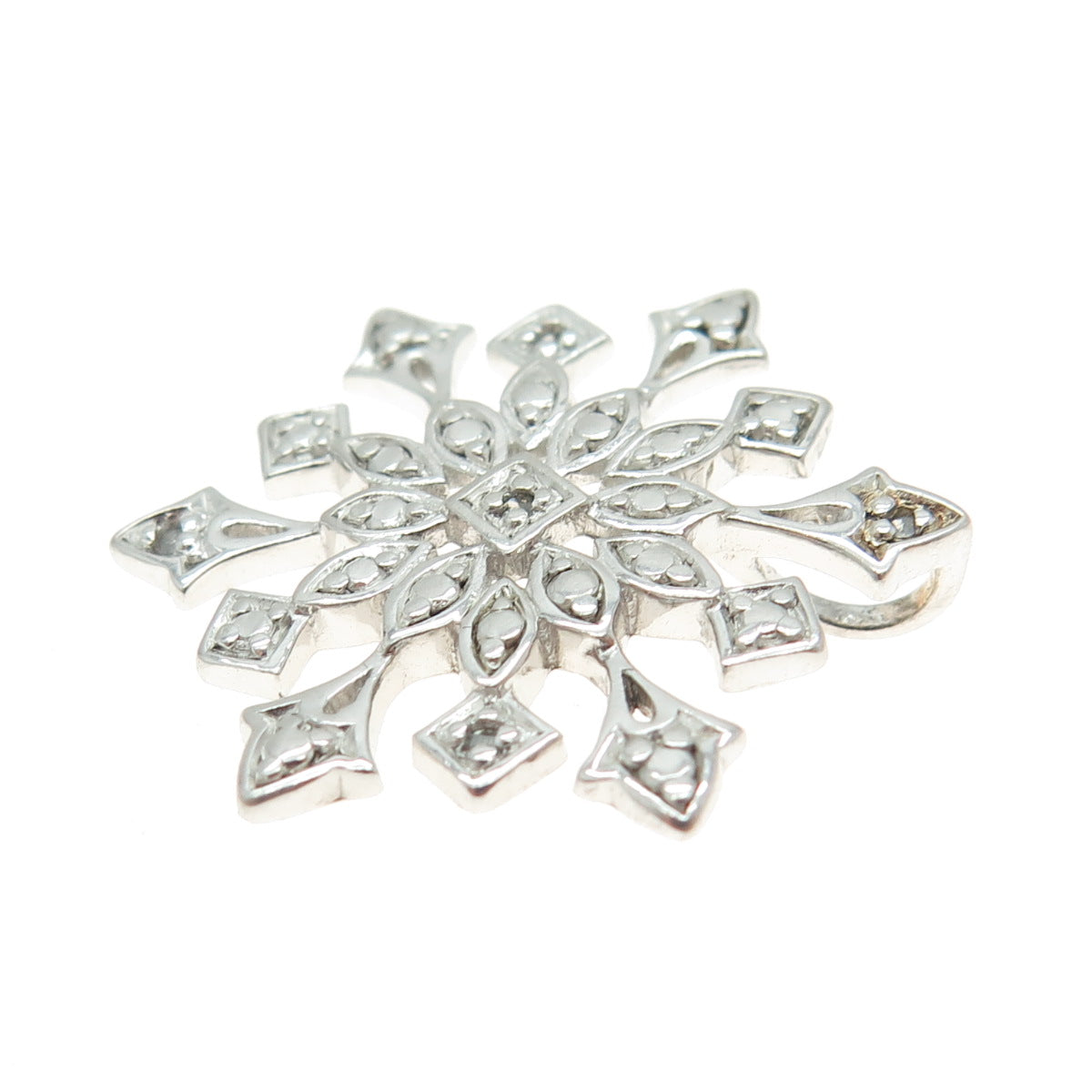 925 Sterling Silver Real Round-Cut Diamond Accent Snowflake Pendant