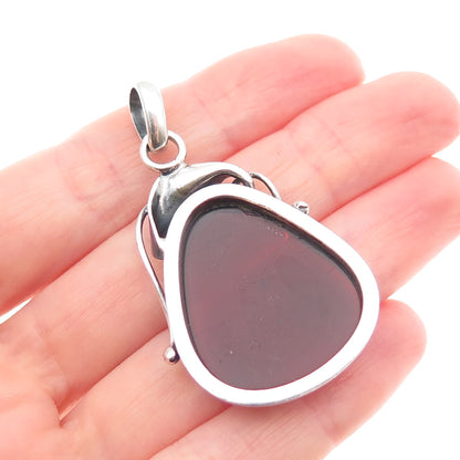 925 Sterling Silver Vintage Real Amber Modernist Oxidized Charm Pendant