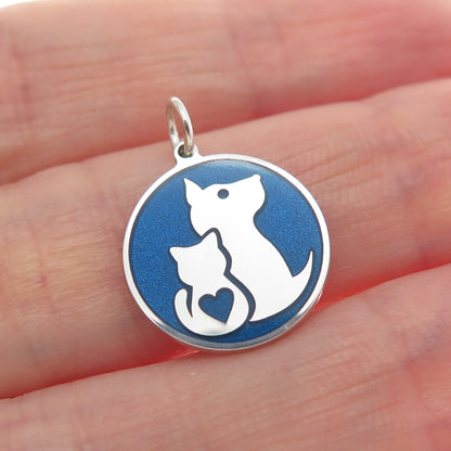925 Sterling Silver Blue Enamel Dog & Cat Friendship Minimalist Charm Pendant