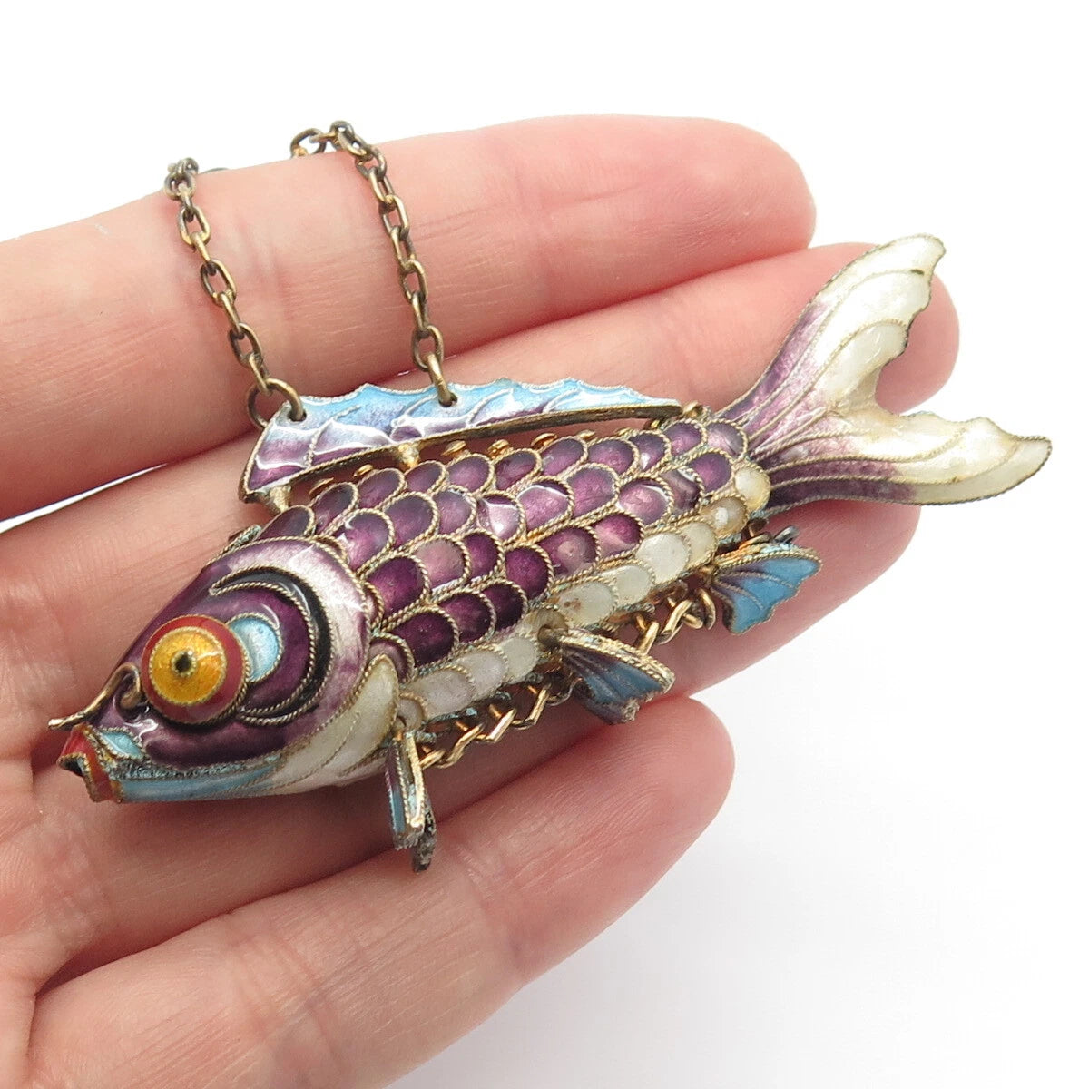 925 Sterling Silver Enamel Antique Chinese Koi Fish Chatelaine Fob