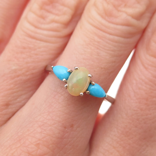 Chuck Clemency 925 Sterling Silver Vintage Real Opal & Turquoise Ring Size 7.25