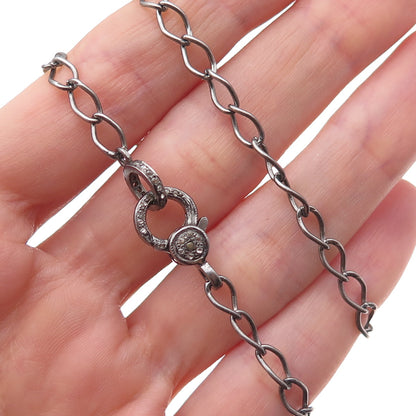 925 Sterling Silver Black Rhodium Real Diamond Curb Chain Necklace 28"