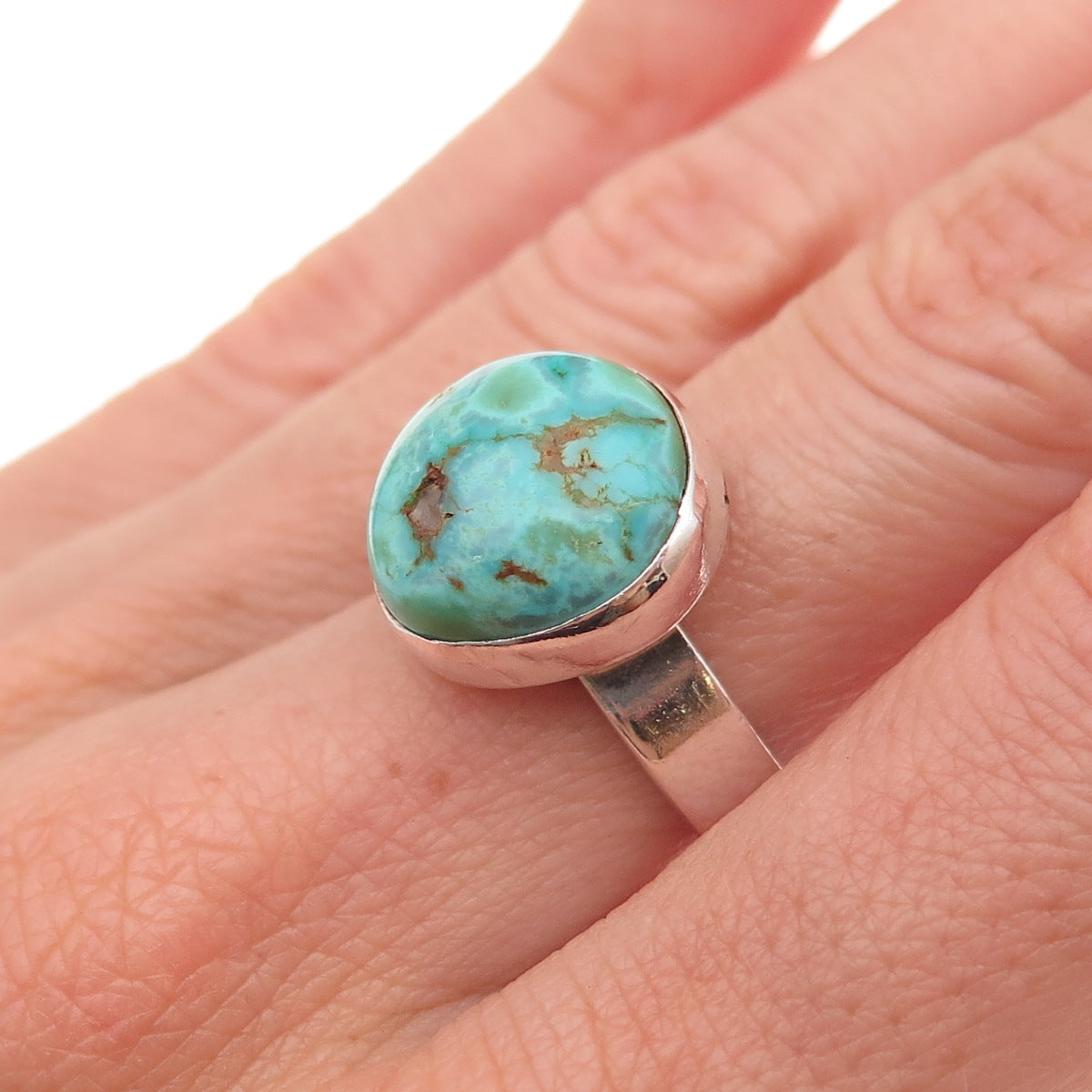 925 Sterling Silver Vintage Real Turquoise Modernist Ring Size 6.5
