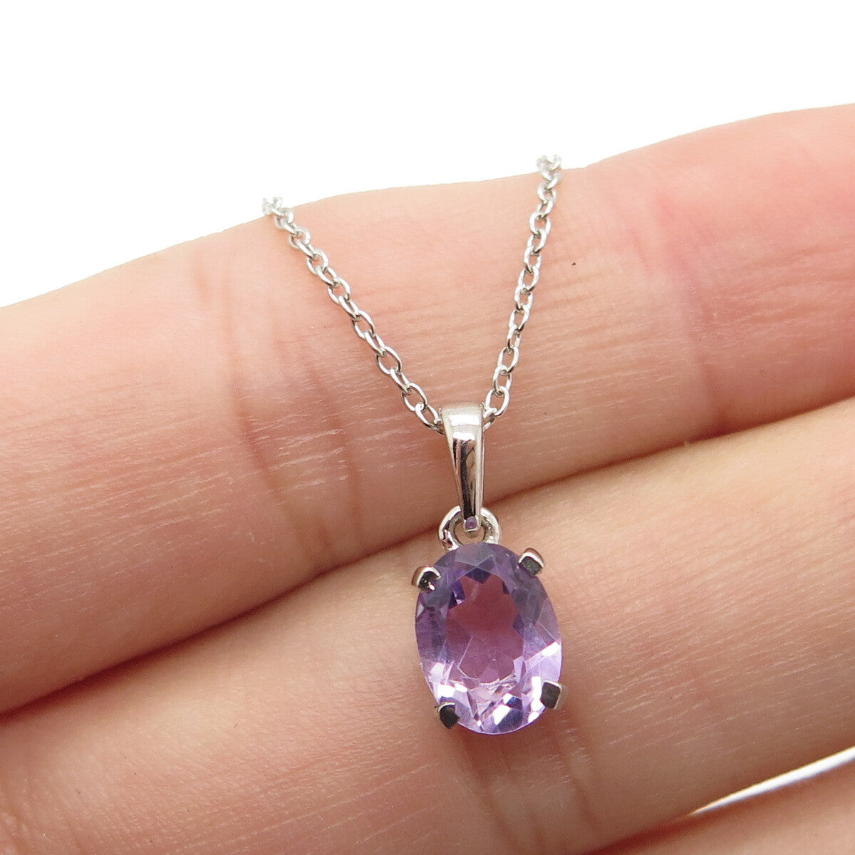 925 Sterling Silver Real Amethyst Gemstone Pendant Rolo Chain Necklace 18"