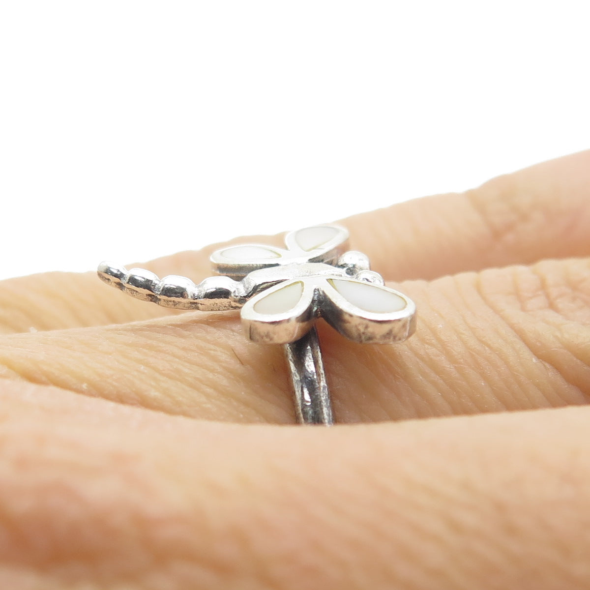 925 Sterling Silver Vintage Real Mother-of-Pearl Dragonfly Ring Size 5.75