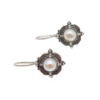 Gerochristo Sterling Silver Vintage Greece Real Pearl Oxidized Dangle Earrings