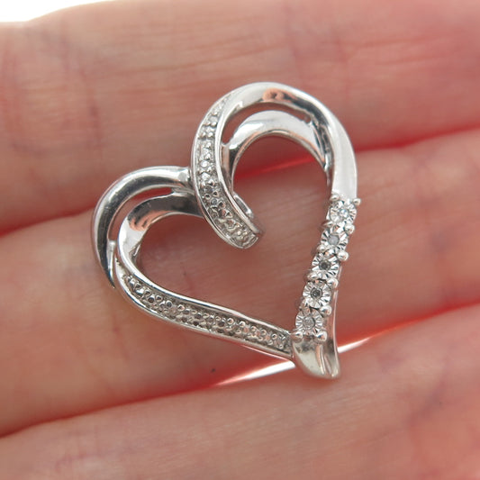 925 Sterling Silver Real Round-Cut Diamond Heart Minimalist Slide Pendant
