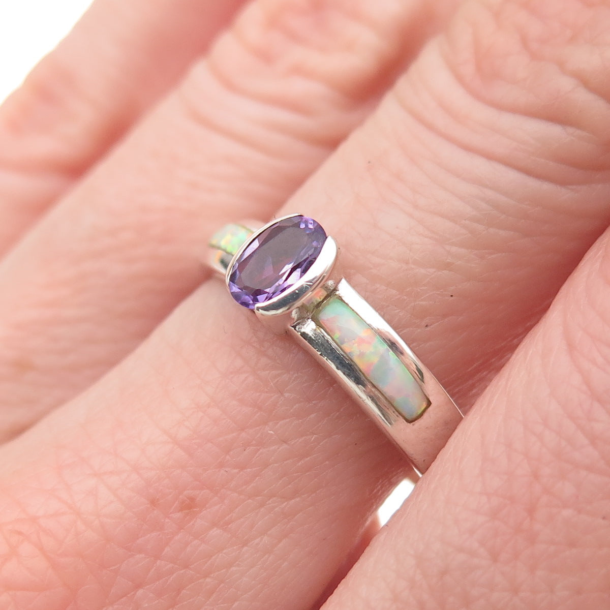 925 Sterling Silver Vintage Real Amethyst & Opal Ring Size 8
