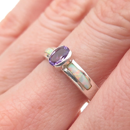 925 Sterling Silver Vintage Real Amethyst & Opal Ring Size 8