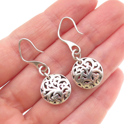 925 Sterling Silver Vintage Floral Scroll Disc Dangle Earrings