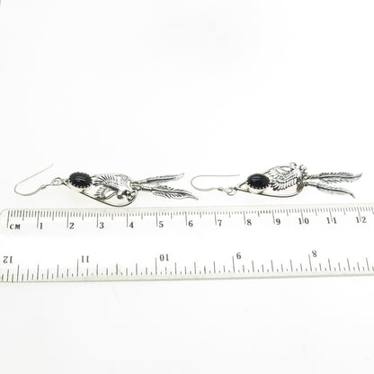 Old Pawn 925 Sterling Silver Vintage Black Onyx Snake Eye Eagle Feather Earrings