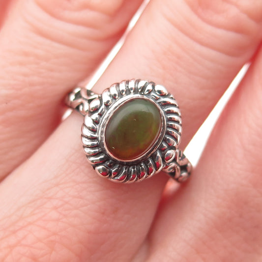 925 Sterling Silver Vintage Real Opal Ornate Oxidized Ring Size 7