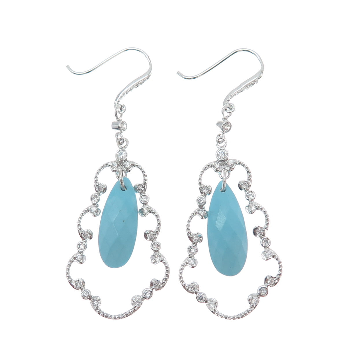 925 Sterling Silver Faux Turquoise & C Z Dangle Earrings