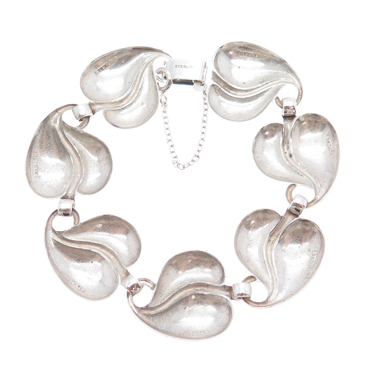 925 Sterling Silver Antique Art Deco Floral Heart Leaf Link Bracelet 6.75"