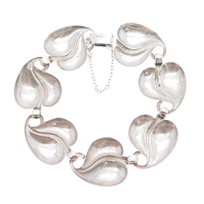 925 Sterling Silver Antique Art Deco Floral Heart Leaf Link Bracelet 6.75"