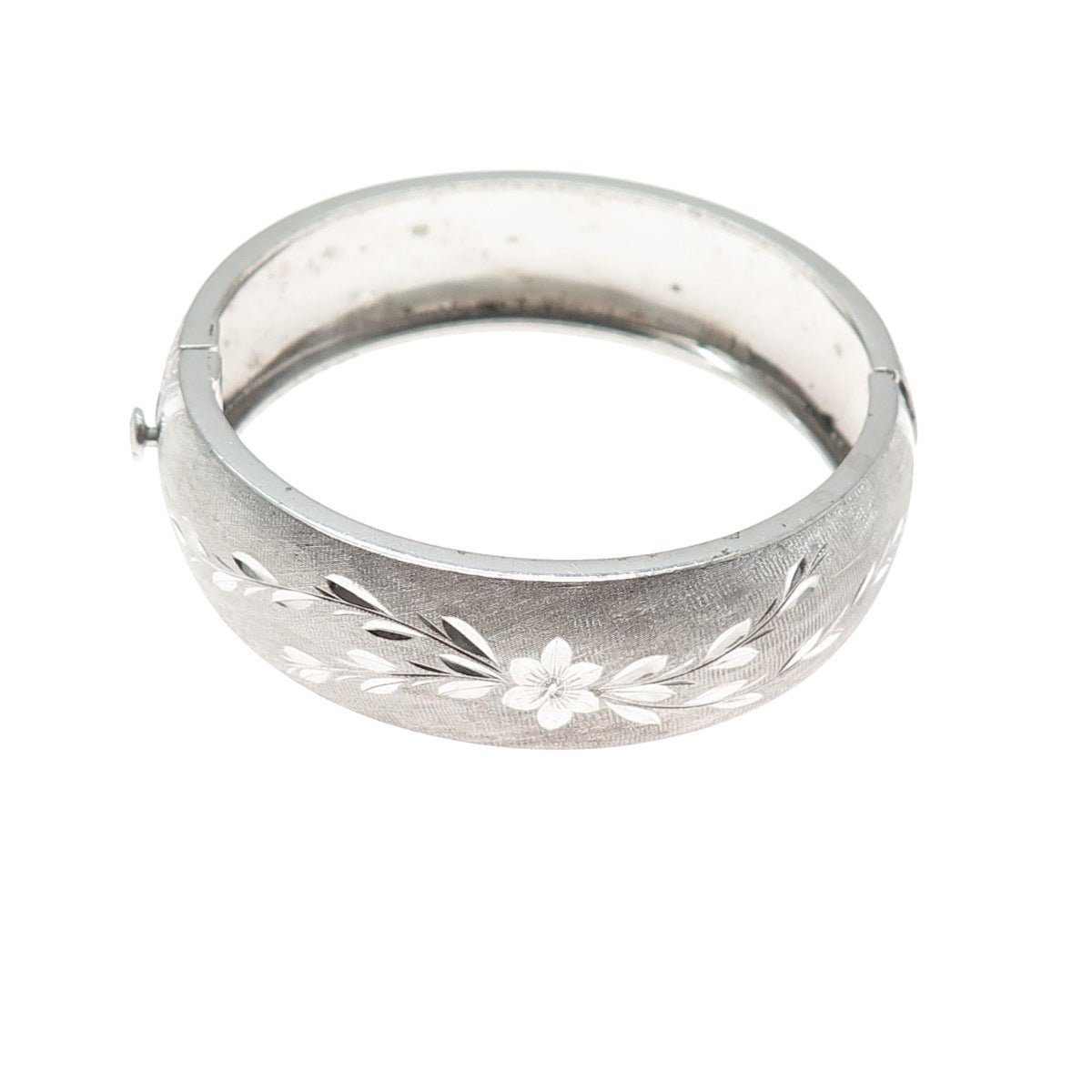 925 Sterling Silver Vintage Diamond-Cut Engraved Flower Bangle Bracelet 7.25"
