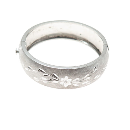 925 Sterling Silver Vintage Diamond-Cut Engraved Flower Bangle Bracelet 7.25"