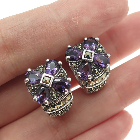 925 Sterling Silver Vintage Real Amethyst & Marcasite Floral Hoop Earrings