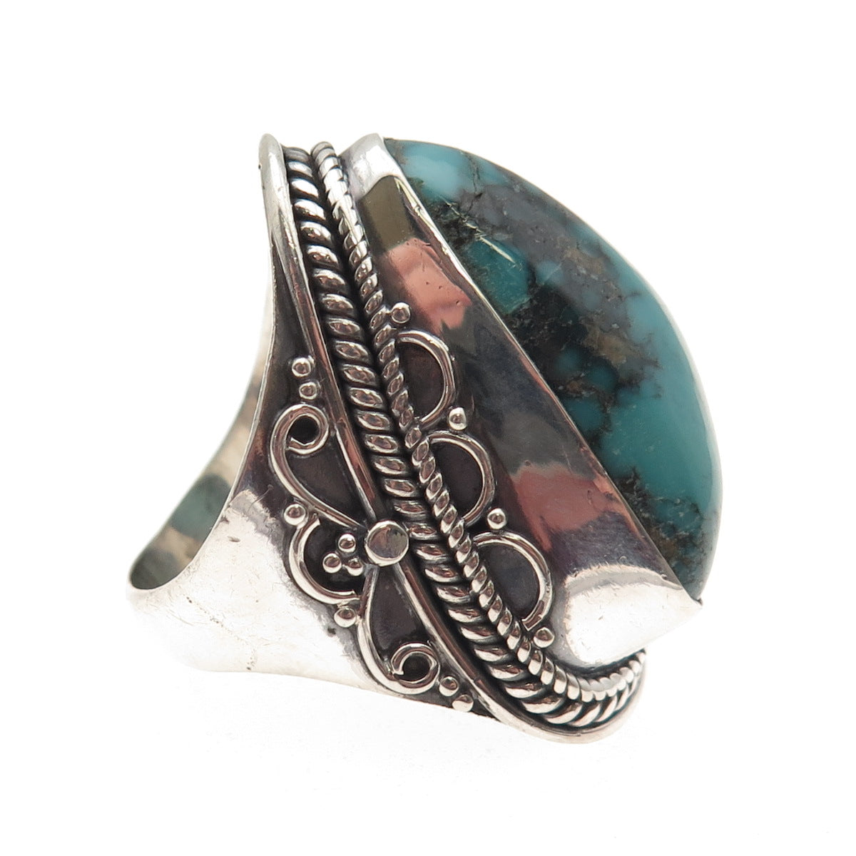 925 Sterling Silver Vintage Real Bisbee Turquoise Oxidized Ring Size 7.75