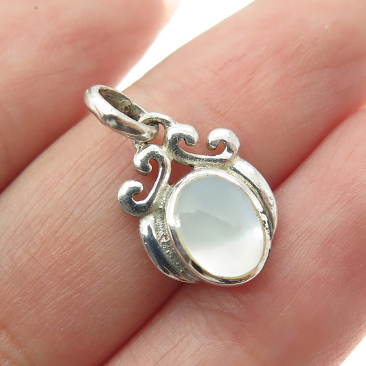 925 Sterling Silver Vintage Real Mother-of-Pearl Ornate Minimalist Pendant